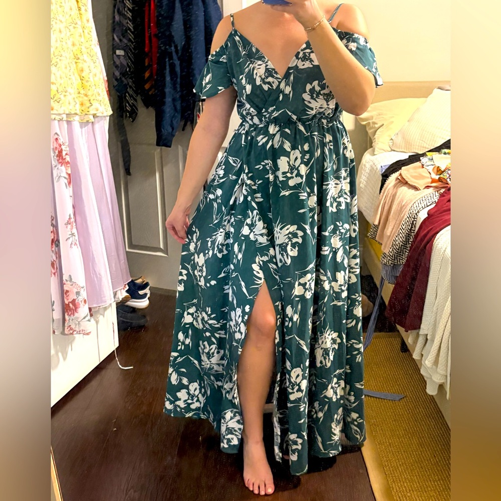 Green floral wedding guest dress maxi off shoulder Large